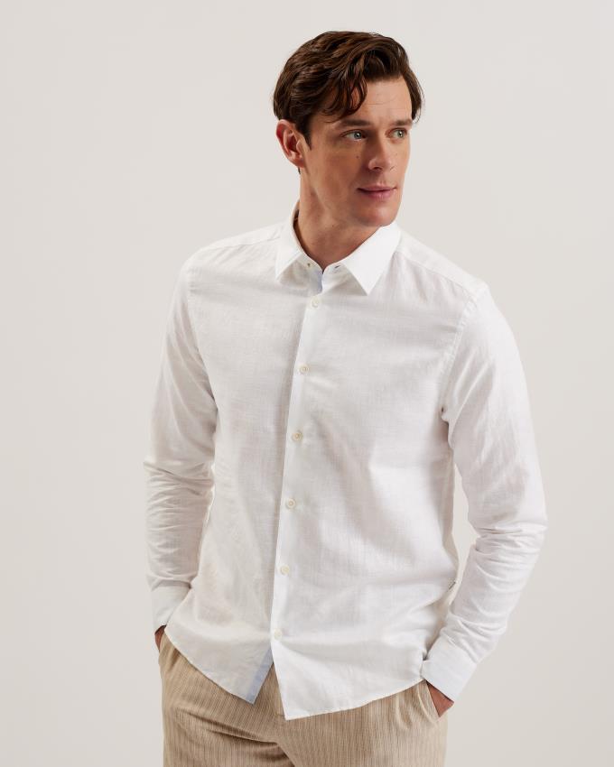 Chemises Ted Baker Long Sleeve Linen Cotton Blanche Homme | WWS-25571678